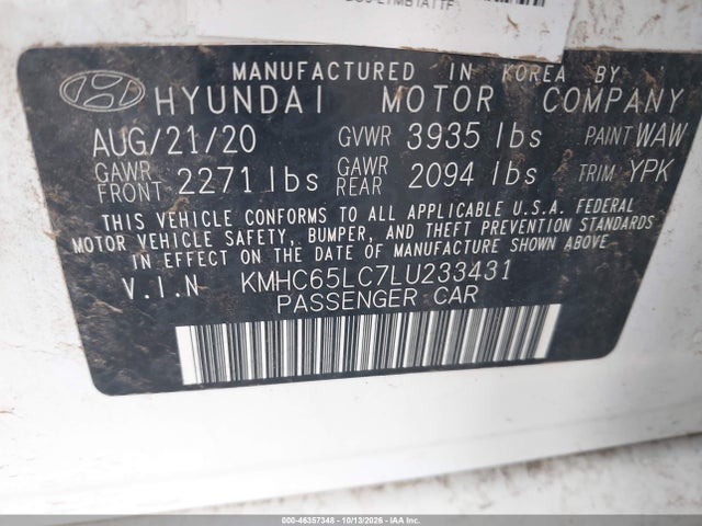 Продаж на аукціоні авто 2020 Hyundai Ioniq Hybrid Blue, vin: KMHC65LC7LU233431, номер лоту: 46357348