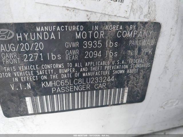 Продаж на аукціоні авто 2020 Hyundai Ioniq Hybrid Blue, vin: KMHC65LC8LU233244, номер лоту: 46357349
