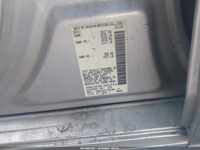 46357351 :رقم المزاد ، 1N4AL3AP3HC165355 vin ، 2017 Nissan Altima 2.5 Sr مزاد بيع