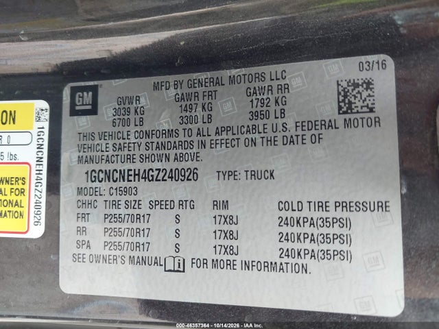 Aukcja sprzedaży 2016 Chevrolet Silverado 1500 Wt, vin: 1GCNCNEH4GZ240926, numer aukcji: 46357364
