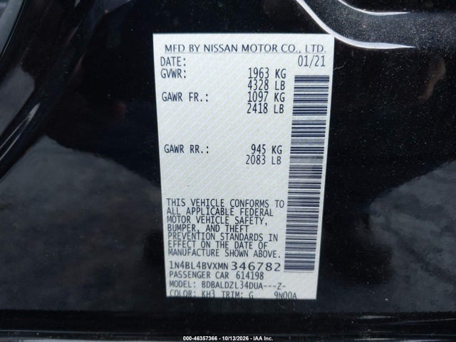 2021 Nissan Altima S Fwd მანქანა იყიდება აუქციონზე, vin: 1N4BL4BVXMN346782, აუქციონის ნომერი: 46357366