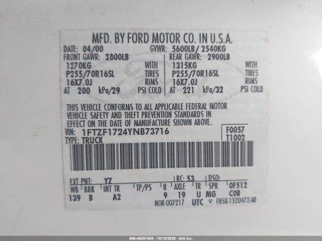 Aukcja sprzedaży 2000 Ford F-150 Work Series/xl/xlt, vin: 1FTZF1724YNB73716, numer aukcji: 46357405