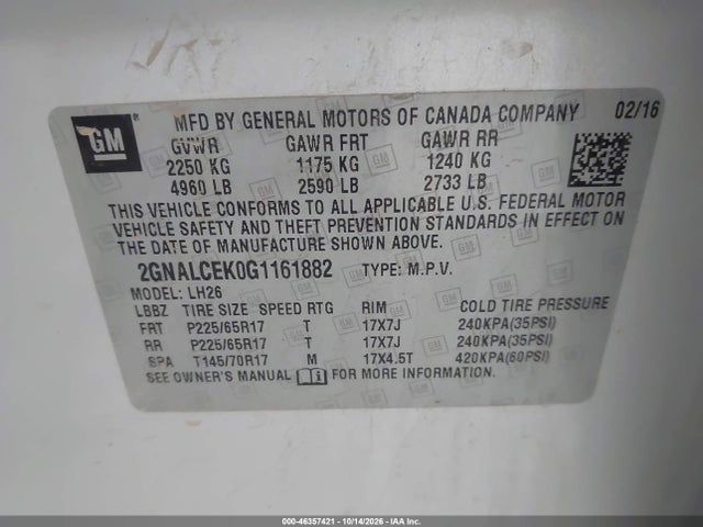 Aukcja sprzedaży 2016 Chevrolet Equinox Lt, vin: 2GNALCEK0G1161882, numer aukcji: 46357421