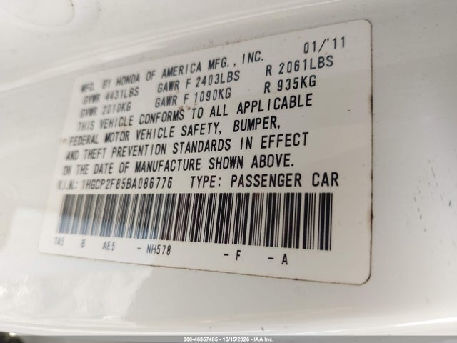 Aukcja sprzedaży 2011 Honda Accord 2.4 Ex-l, vin: 1HGCP2F85BA086776, numer aukcji: 46357485