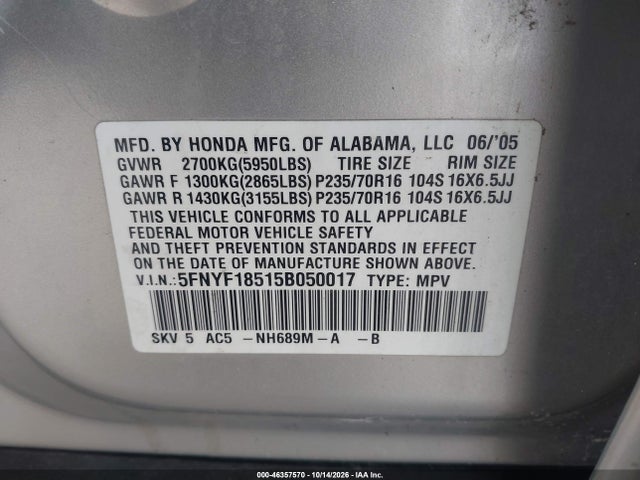 Продаж на аукціоні авто 2005 Honda Pilot Ex-l, vin: 5FNYF18515B050017, номер лоту: 46357570