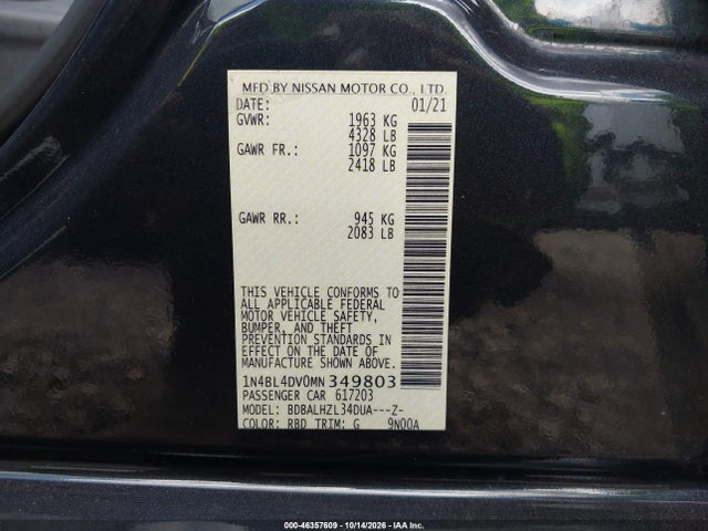 Aukcja sprzedaży 2021 Nissan Altima Sv Fwd, vin: 1N4BL4DV0MN349803, numer aukcji: 46357609
