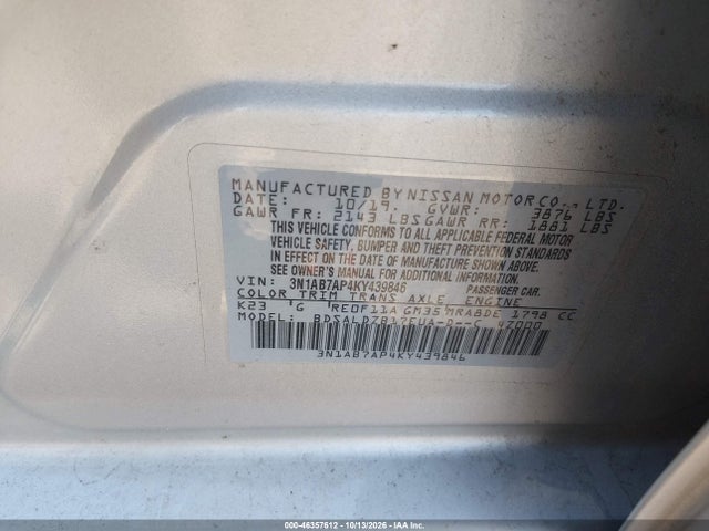 2019 Nissan Sentra Sv მანქანა იყიდება აუქციონზე, vin: 3N1AB7AP4KY439846, აუქციონის ნომერი: 46357612
