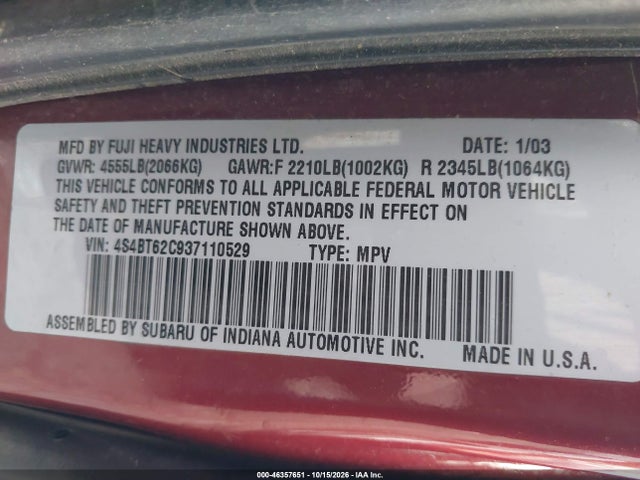2003 Subaru Baja Sport მანქანა იყიდება აუქციონზე, vin: 4S4BT62C937110529, აუქციონის ნომერი: 46357651