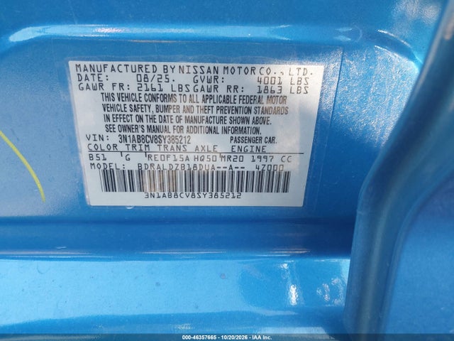 Aukcja sprzedaży 2025 Nissan Sentra Sv, vin: 3N1AB8CV8SY385212, numer aukcji: 46357665