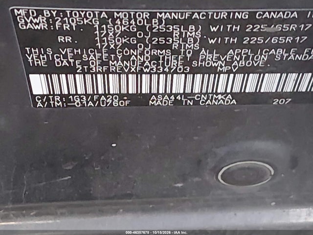 Продаж на аукціоні авто 2015 Toyota Rav4 Xle, vin: 2T3RFREVXFW334703, номер лоту: 46357678