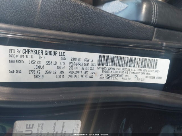 2014 Dodge Durango Limited მანქანა იყიდება აუქციონზე, vin: 1C4RDJDG0EC970851, აუქციონის ნომერი: 46357689