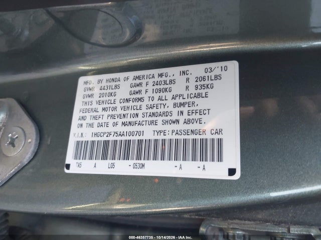 46357735 :رقم المزاد ، 1HGCP2F75AA100701 vin ، 2010 Honda Accord 2.4 Ex مزاد بيع