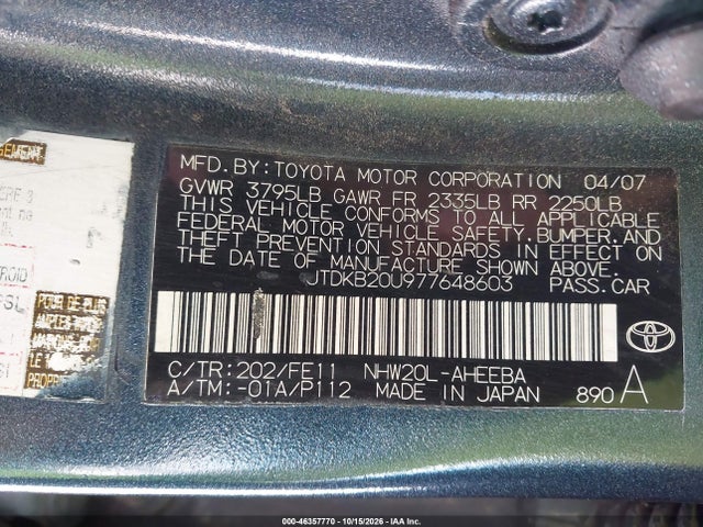 46357770 :رقم المزاد ، JTDKB20U977648603 vin ، 2007 Toyota Prius مزاد بيع