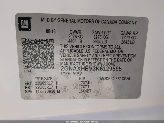 Продажа на аукционе авто 2019 Chevrolet Equinox Ls, vin: 2GNAXHEV3K6129595, номер лота: 46357810