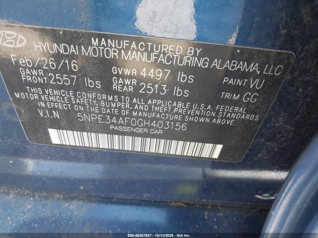 Aukcja sprzedaży 2016 Hyundai Sonata Sport, vin: 5NPE34AF0GH403156, numer aukcji: 46357857