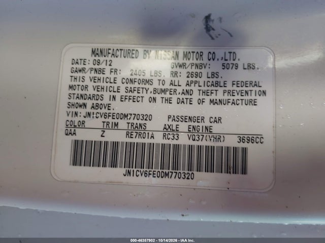 46357902 :رقم المزاد ، JN1CV6FE0DM770320 vin ، 2013 Infiniti Ipl G مزاد بيع