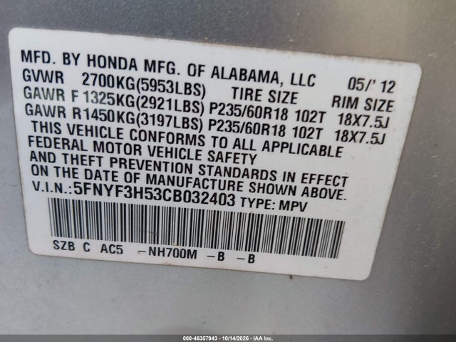 46357943 :رقم المزاد ، 5FNYF3H53CB032403 vin ، 2012 Honda Pilot Ex-l مزاد بيع