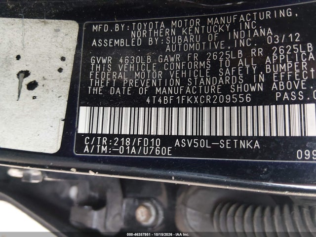 Продаж на аукціоні авто 2012 Toyota Camry Le, vin: 4T4BF1FKXCR209556, номер лоту: 46357951