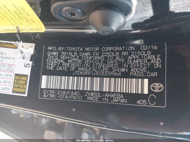 46357952 :رقم المزاد ، JTDKBRFU3G3009964 vin ، 2016 Toyota Prius Two مزاد بيع