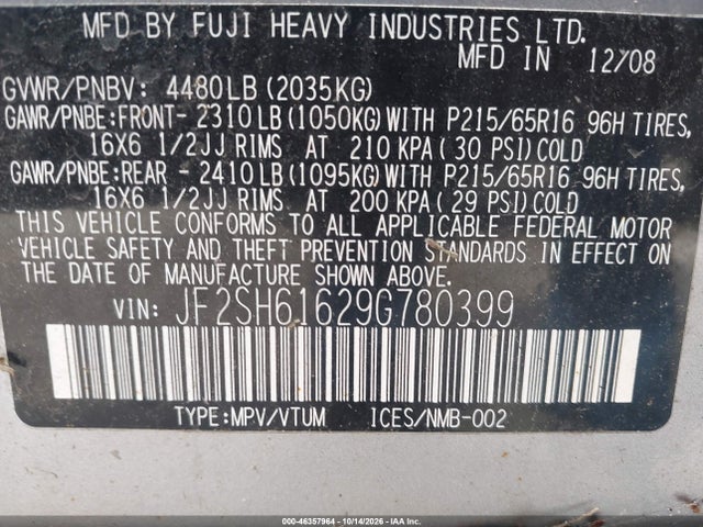 2009 Subaru Forester 2.5x მანქანა იყიდება აუქციონზე, vin: JF2SH61629G780399, აუქციონის ნომერი: 46357964