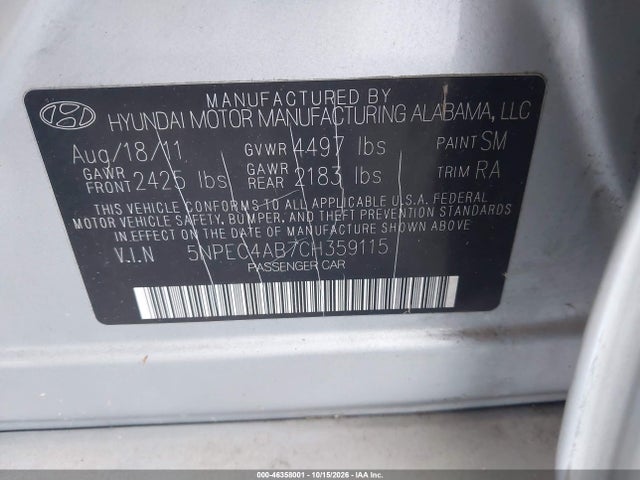 46358001 :رقم المزاد ، 5NPEC4AB7CH359115 vin ، 2012 Hyundai Sonata Se 2.0t مزاد بيع