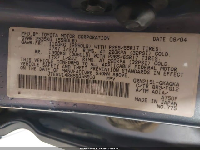 Aukcja sprzedaży 2005 Toyota 4runner Sr5 V6, vin: JTEBU14R650055910, numer aukcji: 46358062