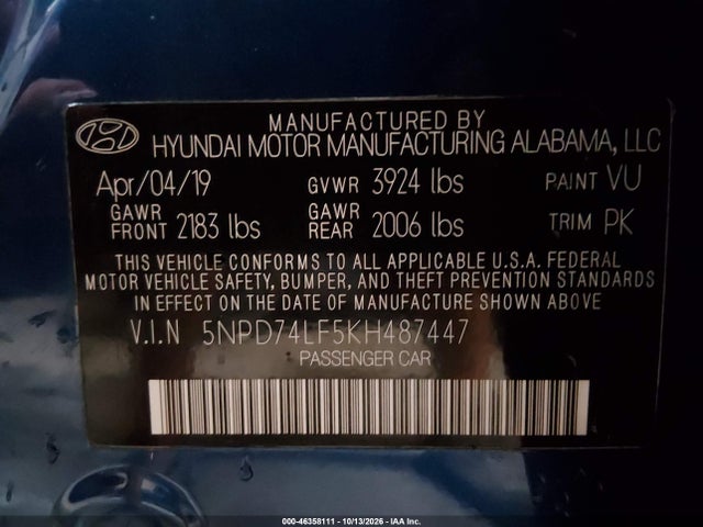 Продаж на аукціоні авто 2019 Hyundai Elantra Se, vin: 5NPD74LF5KH487447, номер лоту: 46358111