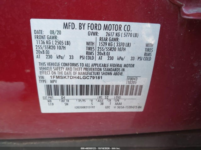2020 Ford Explorer Xlt მანქანა იყიდება აუქციონზე, vin: 1FMSK7DH4LGC79181, აუქციონის ნომერი: 46358123