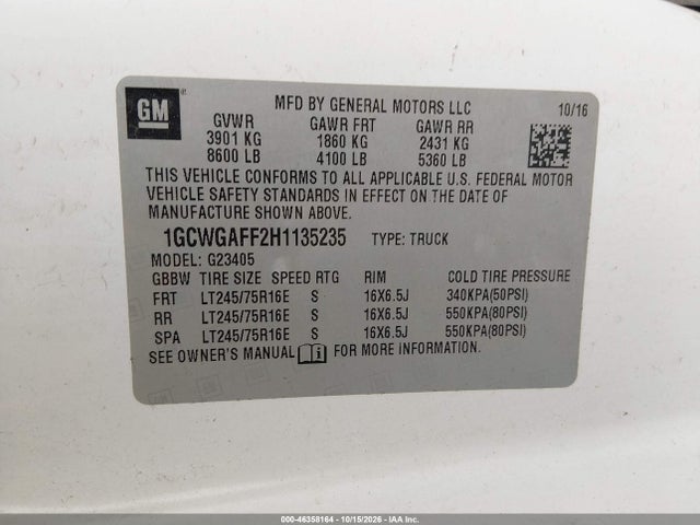 Продажа на аукционе авто 2017 Chevrolet Express 2500 Work Van, vin: 1GCWGAFF2H1135235, номер лота: 46358164