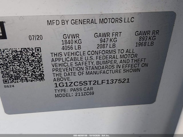 Aukcja sprzedaży 2020 Chevrolet Malibu Fwd 1fl, vin: 1G1ZC5ST2LF137521, numer aukcji: 46358189