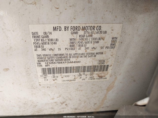 46358283 :رقم المزاد ، 1FM5K7B8XFGA64540 vin ، 2015 Ford Explorer مزاد بيع