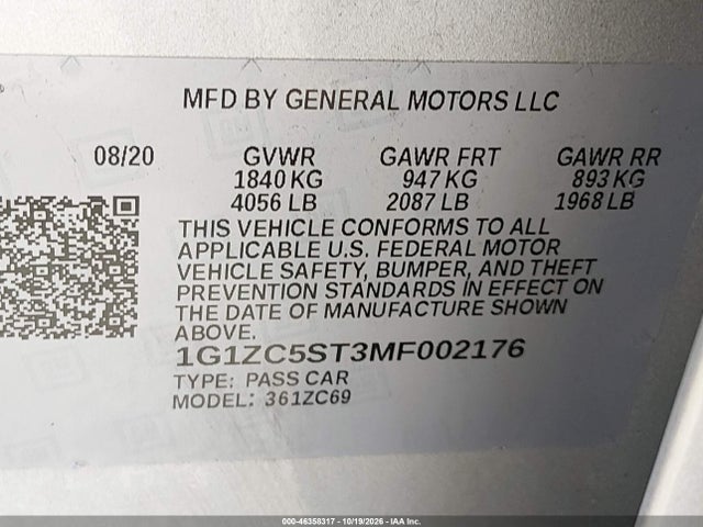 Aukcja sprzedaży 2021 Chevrolet Malibu Fwd 1fl, vin: 1G1ZC5ST3MF002176, numer aukcji: 46358317