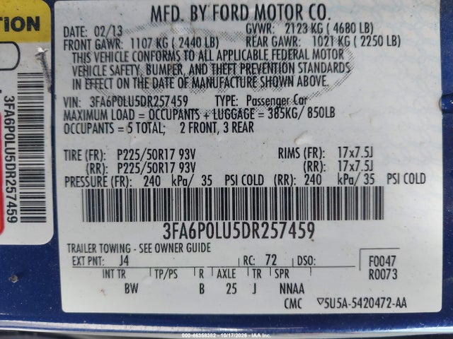 Продаж на аукціоні авто 2013 Ford Fusion Hybrid Se, vin: 3FA6P0LU5DR257459, номер лоту: 46358382