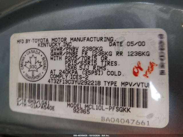 46358425 :رقم المزاد ، 4T3ZF13C3YU292218 vin ، 2000 Toyota Sienna Le/xle مزاد بيع