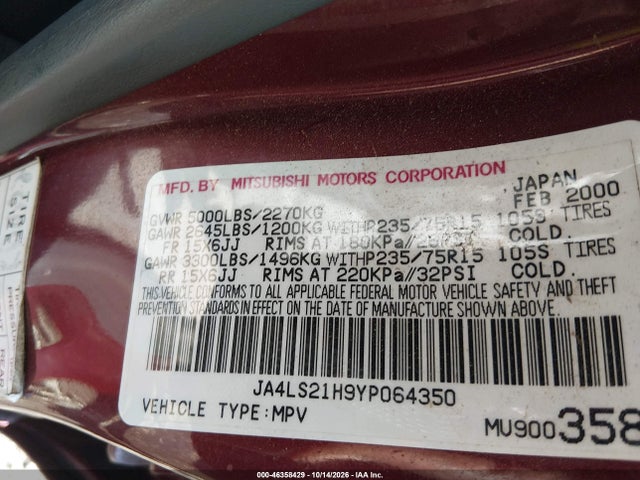 Продажа на аукционе авто 2000 Mitsubishi Montero Sport Es, vin: JA4LS21H9YP064350, номер лота: 46358429