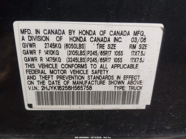 2006 Honda Ridgeline Rt მანქანა იყიდება აუქციონზე, vin: 2HJYK16256H565758, აუქციონის ნომერი: 46358464