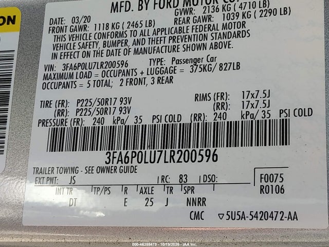 Продажа на аукционе авто 2020 Ford Fusion Hybrid Se, vin: 3FA6P0LU7LR200596, номер лота: 46358470