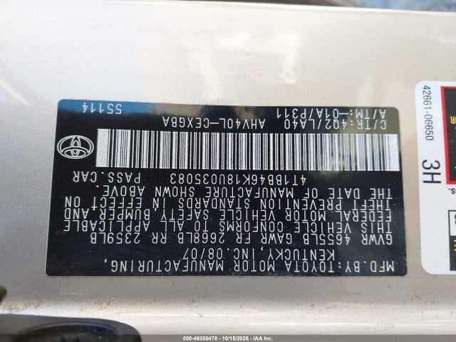 46358478 :رقم المزاد ، 4T1BB46K18U035083 vin ، 2008 Toyota Camry Hybrid مزاد بيع