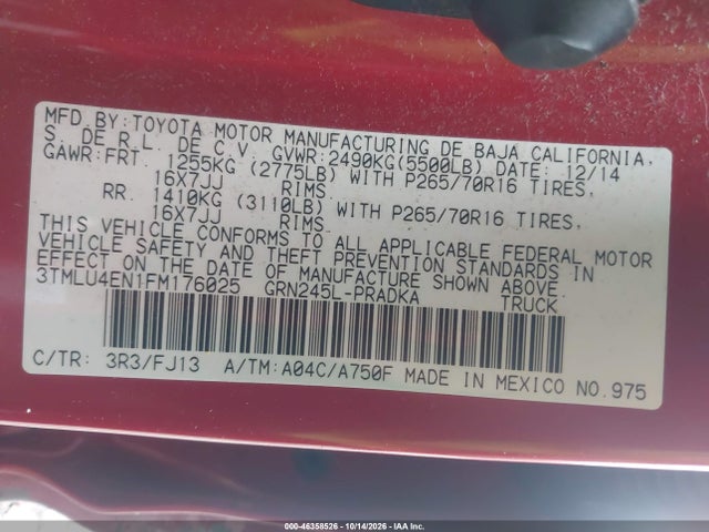 46358526 :رقم المزاد ، 3TMLU4EN1FM176025 vin ، 2015 Toyota Tacoma Base V6 مزاد بيع