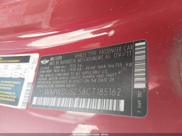 46358555 :رقم المزاد ، WMWSU3C58CT185162 vin ، 2012 Mini Cooper مزاد بيع