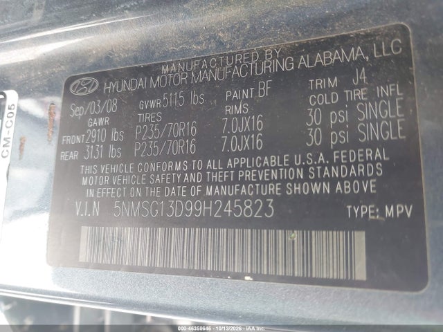 2009 Hyundai Santa Fe Gls მანქანა იყიდება აუქციონზე, vin: 5NMSG13D99H245823, აუქციონის ნომერი: 46358646