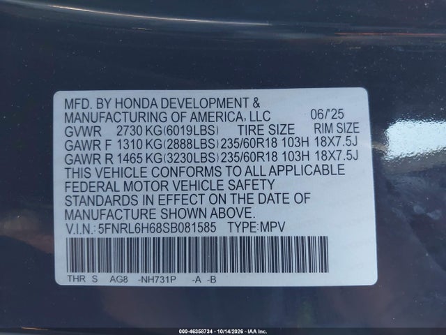Honda Odyssey Ex-l 2025 5FNRL6H68SB081585 Image 9