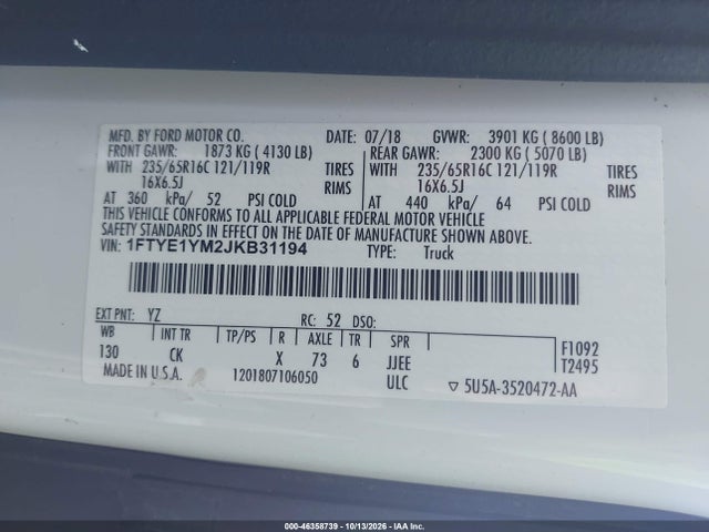 Aukcja sprzedaży 2018 Ford Transit-150, vin: 1FTYE1YM2JKB31194, numer aukcji: 46358739