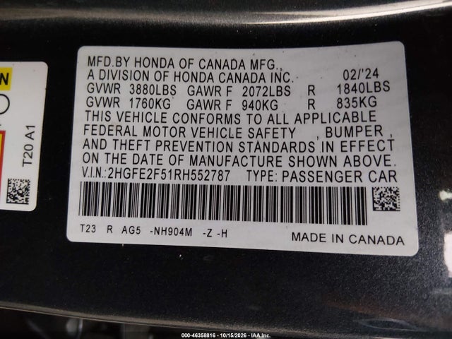 46358816 :رقم المزاد ، 2HGFE2F51RH552787 vin ، 2024 Honda Civic Sport مزاد بيع