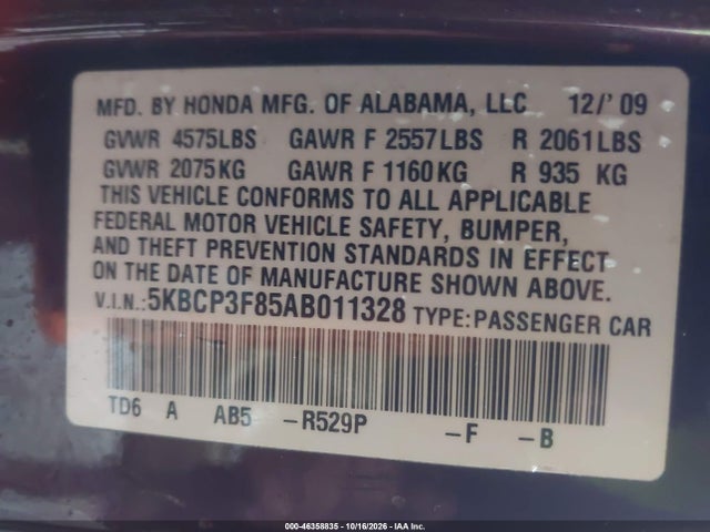 Продаж на аукціоні авто 2010 Honda Accord 3.5 Ex-l, vin: 5KBCP3F85AB011328, номер лоту: 46358835
