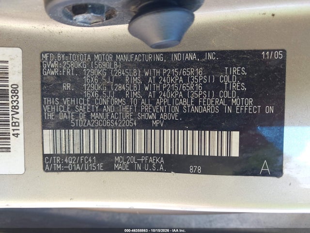 Продаж на аукціоні авто 2006 Toyota Sienna Le, vin: 5TDZA23C06S422054, номер лоту: 46358863