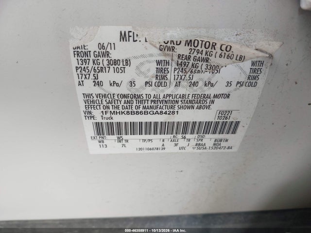 2011 Ford Explorer მანქანა იყიდება აუქციონზე, vin: 1FMHK8B86B6A84281, აუქციონის ნომერი: 46358911