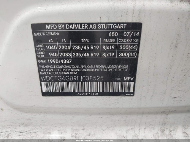 2015 Mercedes-benz Gla 250 4matic მანქანა იყიდება აუქციონზე, vin: WDCTG4GB9FJ038525, აუქციონის ნომერი: 46358976