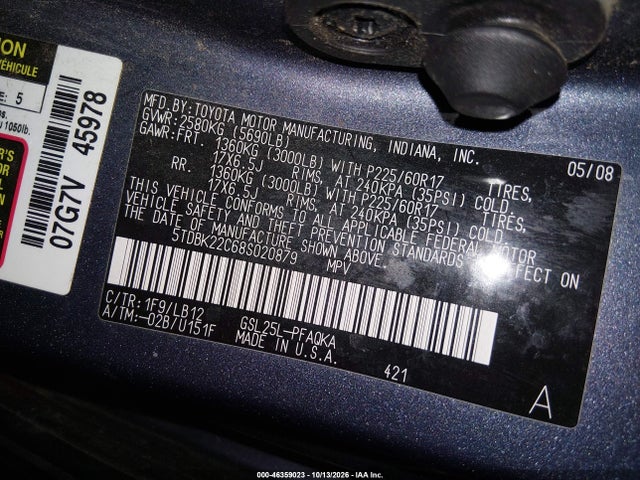 Aukcja sprzedaży 2008 Toyota Sienna Limited, vin: 5TDBK22C68S020879, numer aukcji: 46359023