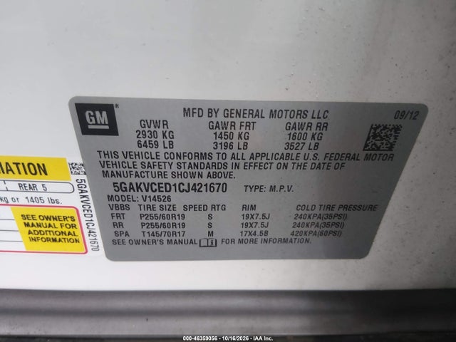 Продаж на аукціоні авто 2012 Buick Enclave Leather, vin: 5GAKVCED1CJ421670, номер лоту: 46359056